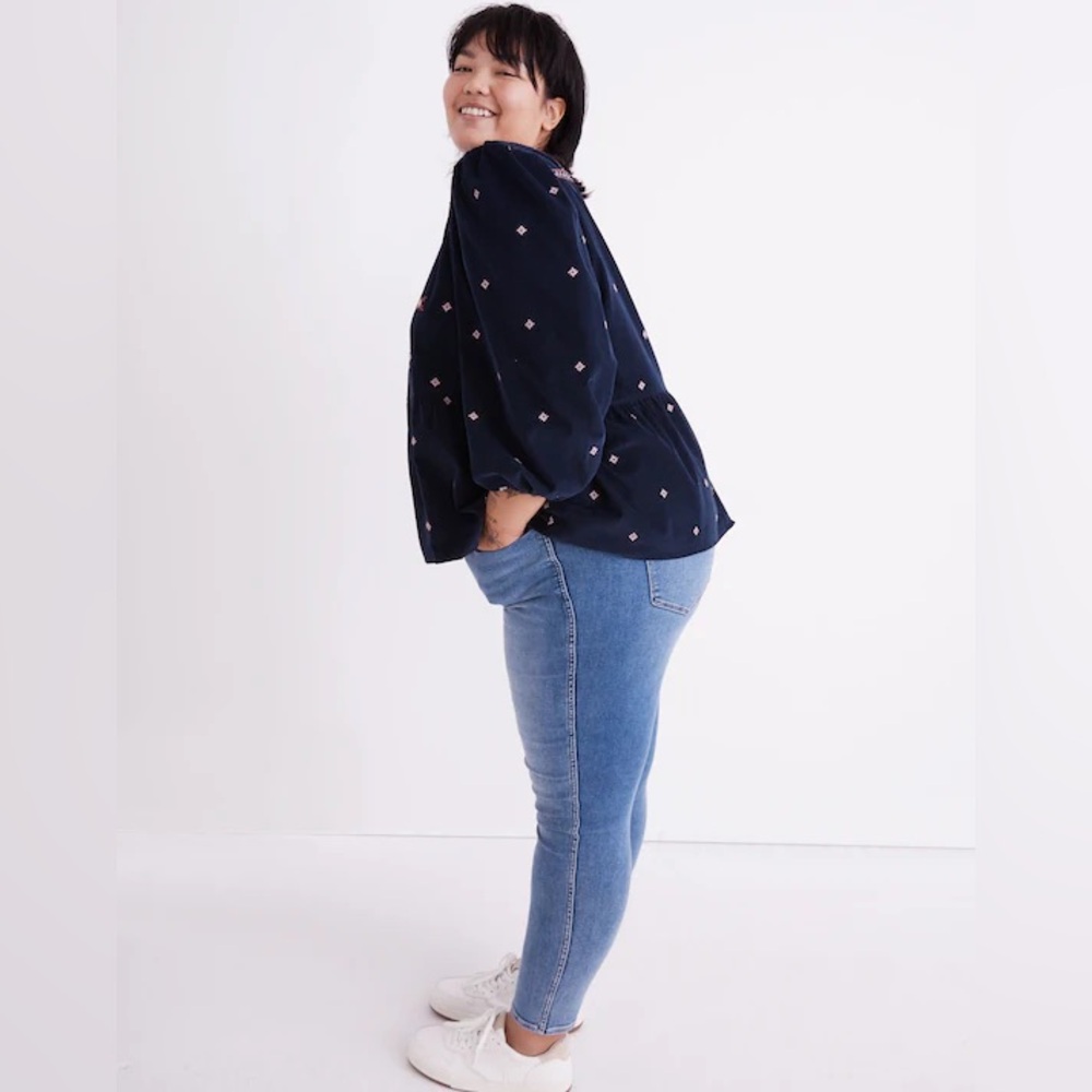 NWT Madewell Navy Blue Embroidered Plus Corduroy Button-Back Peplum Top 2X - Picture 3 of 8
